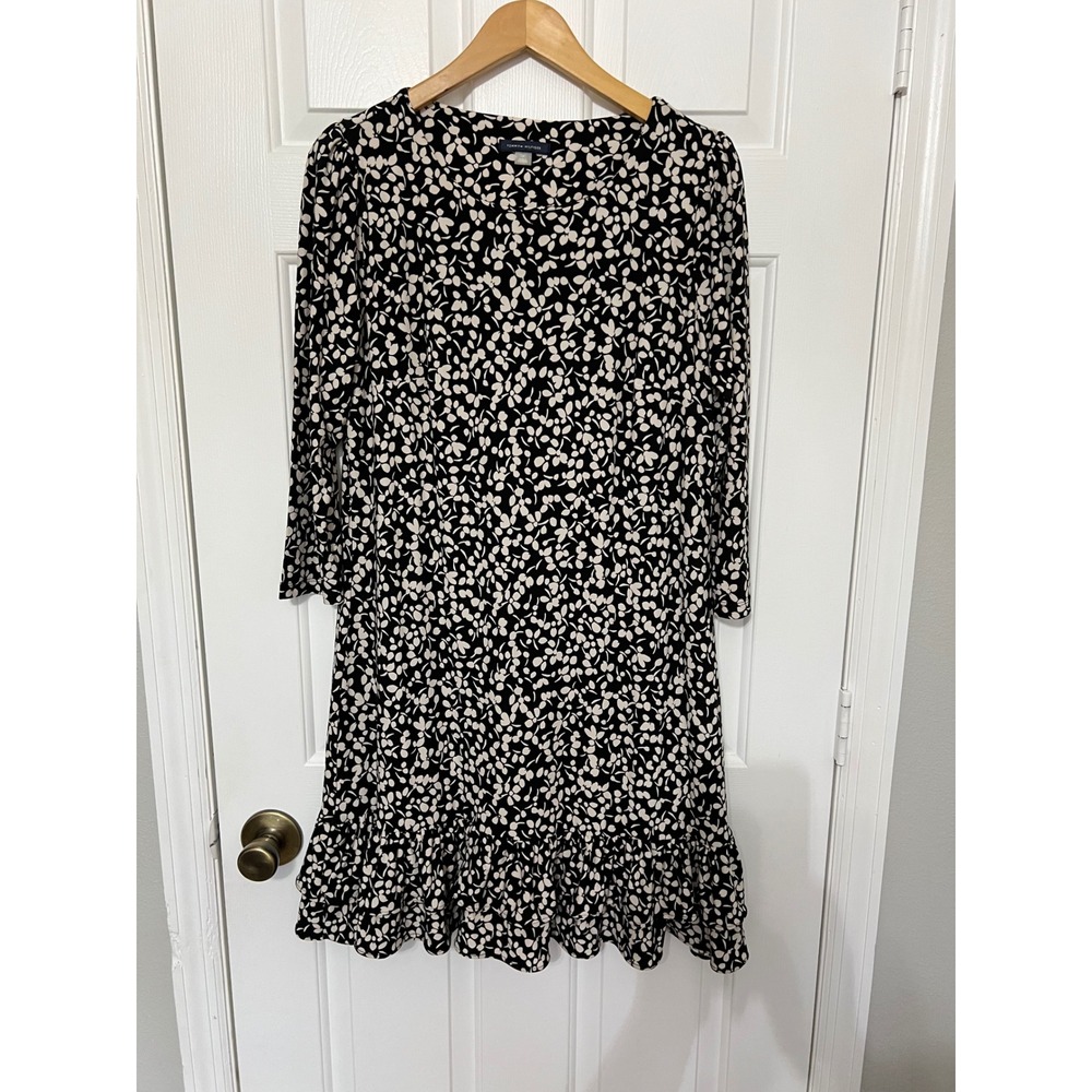 Tommy Hilfiger Womens Floral Ruffle Hem Shift Dress Black White Size 14